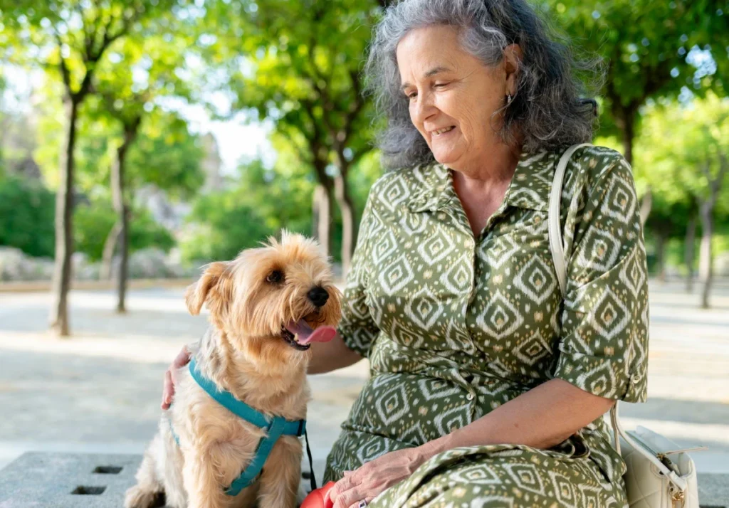 Senior woman walking a dog