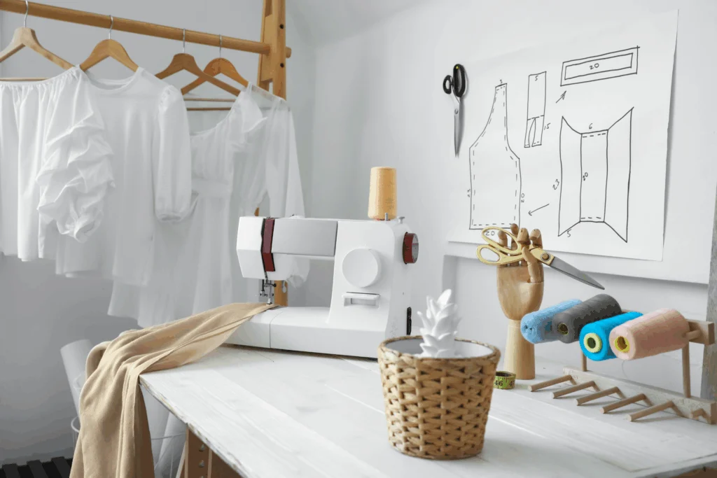 Sewing room with a white sewing table, a sewing machine, spools of thread and white garments on a hanging rack
