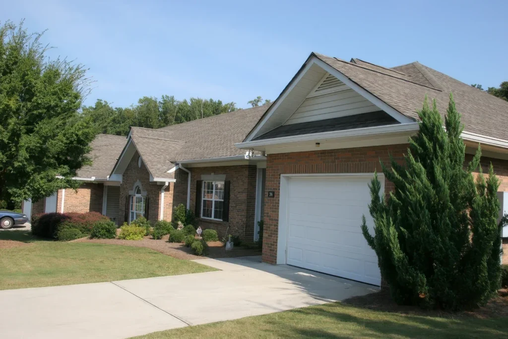 Brick home with a white garage door and a tall evergreen shrub beside the driveway