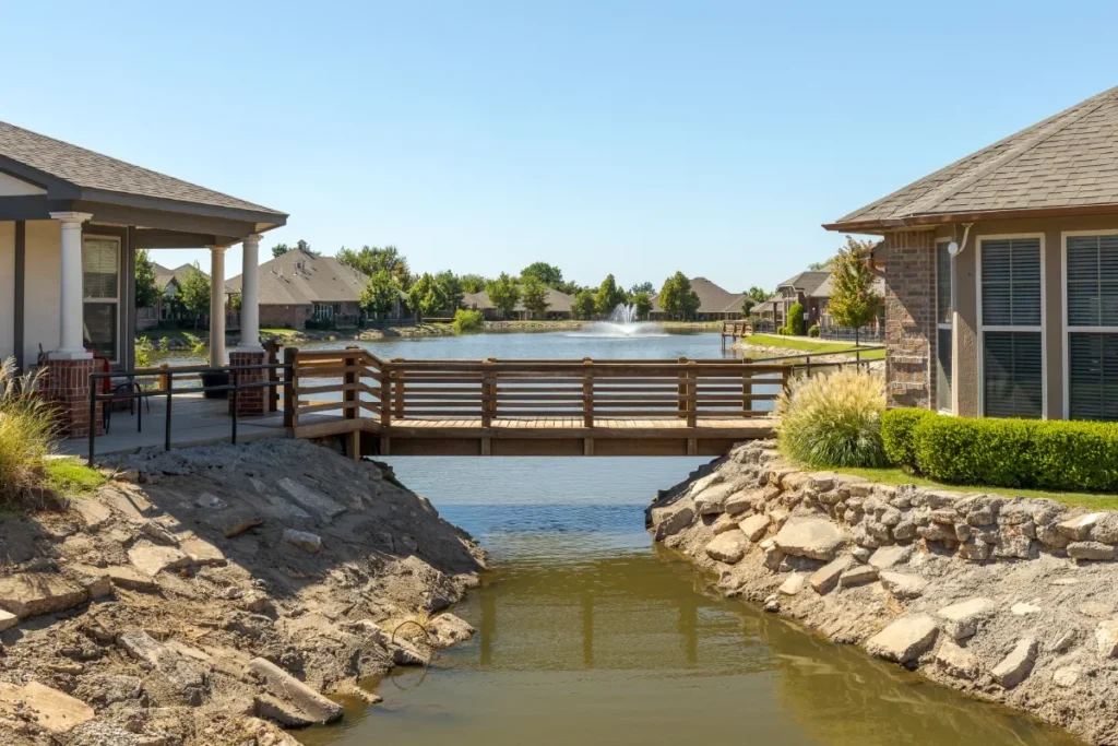 Small footbridge over a rocky creek between single-story homes beside a pond